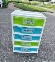Front view showing five drawers with labels and color contrast