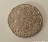 Obverse of 1921 Morgan dollar showing Lady Liberty and date