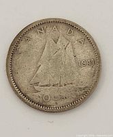 Reverse of 1941 Canadian dime showing Bluenose schooner and date