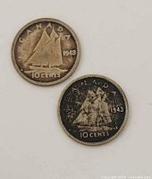 Both coins reverse side with Bluenose schooner design visible