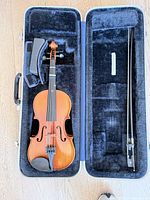 open case showing viola body, bow and interior
