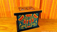 Front view of wood box with Haida artwork