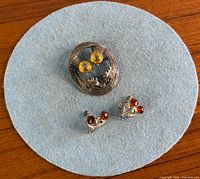 Brooch and earrings front view on fabric background