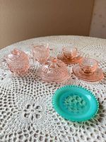 Full lot overview showing pink miniature tea pieces and aqua plate