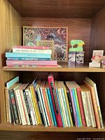 Two shelves filled with children’s and mixed paperback books plus small toys above