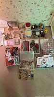 overview of lot with boxes, organizers, yarn, findings, foam, cards