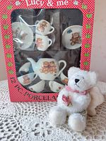 Boxed Lucy & Me porcelain tea set with Boyds plush bear in front