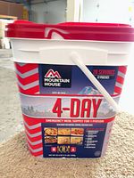 Front view of Mountain House 4-day meal supply bucket