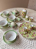 Overall view of entire 19-piece miniature tea set on table