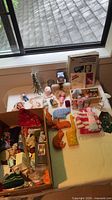 Overview of dolls, stuffed animals, anatomy manual stack, flash cards, craft boxes