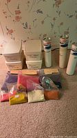 Group shot of all items: three Spray-It tubes, four plastic tubs, multiple zip bags of flocking powders.