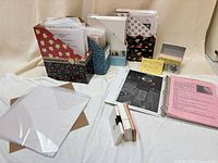 overview of magazine files, binder, plastic sleeves and index cards