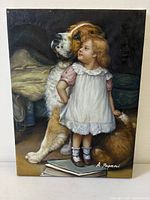 Frontal view of the signed oil painting showing girl and dog composition.