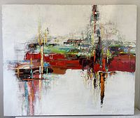 Full view of the abstract painting showing colors, composition and dimensions