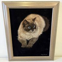 Full view of framed Persian cat oil painting