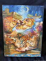 Full view of the oil painting showing entire composition of lions and tigers
