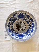 Top view of blue and white Bombay Company ceramic bowl