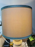 Close view of lamp shade showing turquoise colour and fabric texture