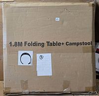 Sealed carton marked "1.8M Folding Table+ Campstool"