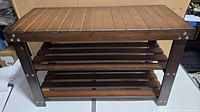 Full view of assembled 3-tier bamboo shoe rack bench