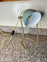 Front view showing sage green shade, white interior, brass stand, cord with inline switch