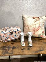 overall lot showing sewing box, pillow and boot vases
