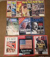 All twelve magazines laid out: six World War II, three U.S. News, three TIME