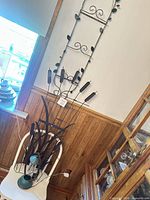 Full view of wall trellis, cattail stakes, and tabletop fountain grouped together