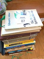 Stack of mixed books, top view showing The Ministry Of Spiritual Kinship and other titles