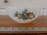 Side profile of bowl showing fruit motif, scalloped rim and ruler indicating ~21 cm diameter