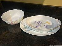 Three Lenox Butterfly Meadow pieces side by side: oval casserole, oval platter, round bowl