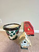 front view of all three items: planter, zither, birdhouse