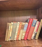 Row of approximately fourteen cloth-bound hardcover books on shelf