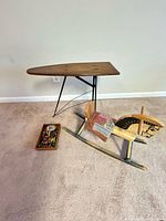 All three items: wooden rocking horse, small wooden ironing board, tray of Magnext pieces