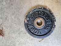 Face view of plate showing YORK BARBELL text and rust