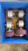 All six casters inside blue bin showing quantity and types