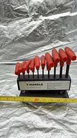 Front view of 10 red-handled T-handle hex keys in labeled stand