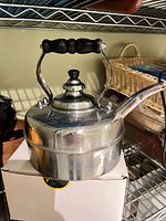 Side view of nickel-plated Simplex tea kettle on shelf
