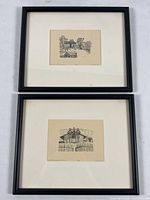Both framed etchings stacked showing frames and mats