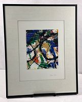 Full view of framed abstract painting showing mat and frame