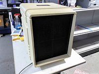 Front view of Friedrich electronic air cleaner showing black mesh filter and off-white housing