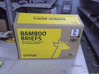 Sealed Dyper Bamboo Briefs shipping box showing product name, size 3T/4T and 96 count