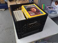 Crate with National Geographic magazines on table