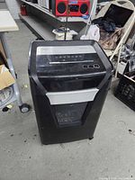 Front and side view of Staples paper shredder