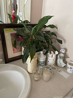 Bathroom counter with peace lily planter, candles, ceramic bird holder, stained glass angel