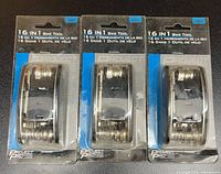 Front view of three sealed Project Pro 16-in-1 bike tools in retail packaging