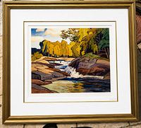 Front view of framed A.J. Casson limited edition lithograph showing entire artwork, mat and frame