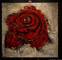 Full view of square impasto rose painting on easel
