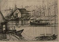 Full view of framed Joseph Purcell harbour sketch