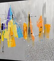Full section showing grey backdrop with yellow, orange, blue, purple strokes and black dotted accents